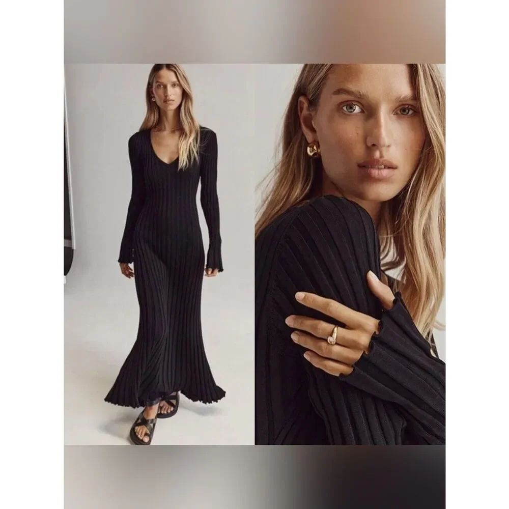 NEW DISSH Reign Black Sleeved Knit Midi Dress